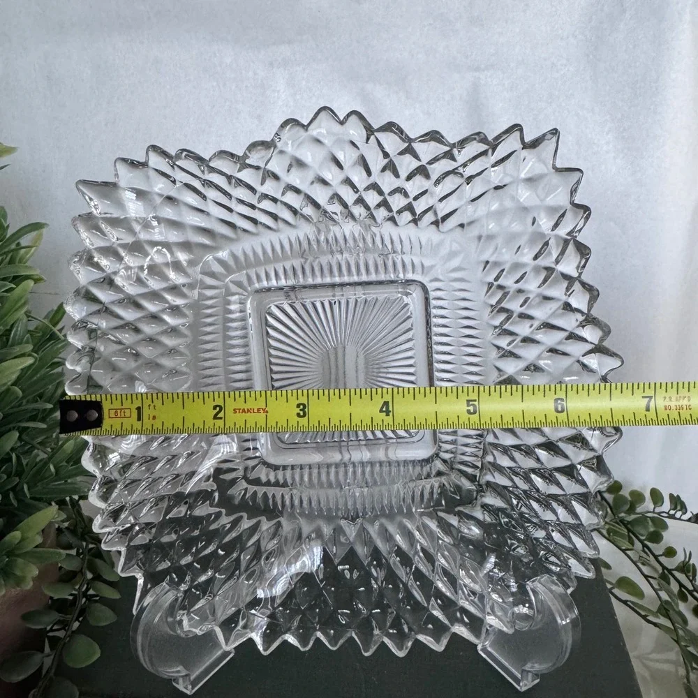 Vintage Clear Pressed Glass Ash Tray Diamond Point Sunburst Sawtooth Rim 7in